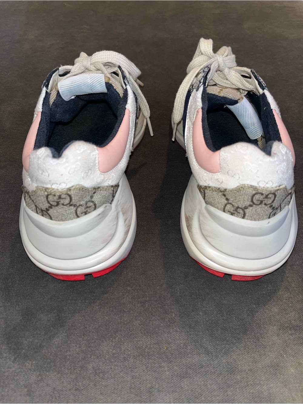 Gucci Beige Monogram Sneakers with Pink and Navy Accents - Picture 4 of 4
